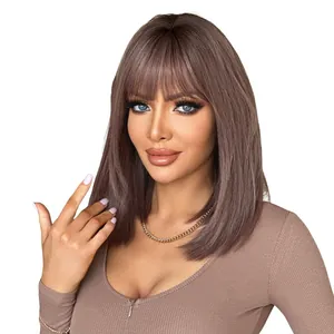 Straight ash purple medium-length wig with air bangs and natural shoulder-length cut