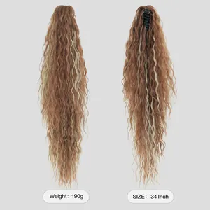 Extensión de coleta ondulada de 34 pulgadas con pinza, color castaño con mechas, 190g