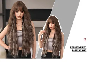 Close-up of long wavy brown wig with blonde highlights and stylish flat bangs