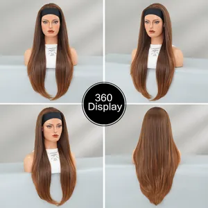 Vue à 360 degrés d'une perruque bandeau longue et lisse marron de face, profil et dos