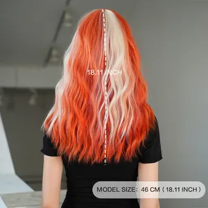 Long wavy orange wig with blonde highlights and bangs for women back view 18.11 inch