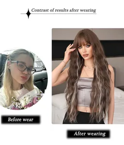 Detail of long wavy synthetic wig in brown with blonde highlights and flat bangs