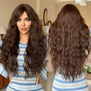 Long Curly Tea Brown Side Bangs Wig Heat Resistant Synthetic Hair Big Wave Full Head Wig For Women Daily Fashion Hairpiece