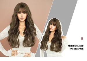 Detail of 30-inch long wavy brown wig with French bangs and natural water wave texture