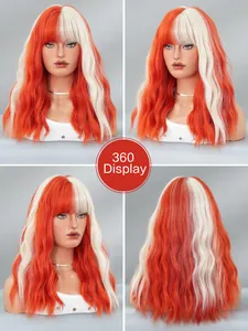 360-degree view of wavy orange and cream wig with bangs showing front, side and back views