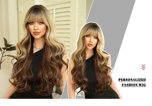 Close-up of 30-inch long wavy synthetic wig with bangs in brown and blonde gradient