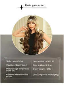 Detailed view of 77cm long wavy gradient wig with 12cm bangs and breathable rose net
