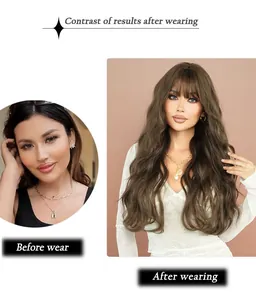 Comparison showing the transformation before and after wearing the long wavy brown wig
