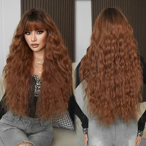 Lange auburn golvende pruik met pony met volumineuze diepe watergolven voor damesmode