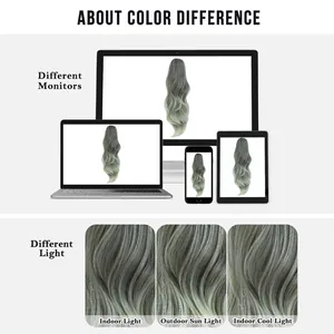 Detalle de la diferencia de color de la coleta rizada de 28 pulgadas bajo varias luces