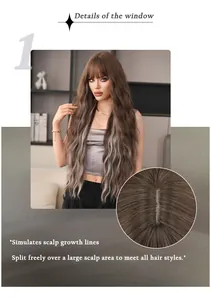 Detail of bionic scalp technology on long brown wavy wig with blonde highlights