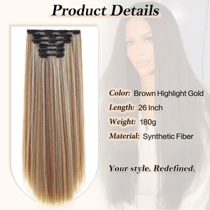 Détail des extensions de cheveux à clips 26 pouces brun méché doré en fibres synthétiques