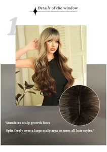 Detail of simulated scalp design on long wavy gradient synthetic wig with bangs