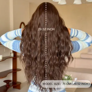 Back view of 29.52-inch long wavy dark brown wig for women with natural loose curls