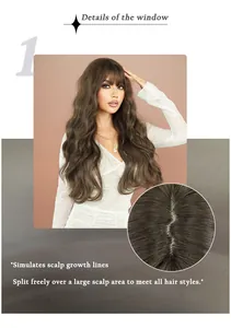 Macro view of realistic simulated scalp line on long wavy brown wig for natural styling