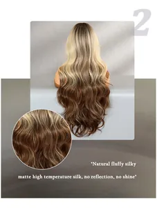 Macro view of matte ombre blonde to brown long wavy synthetic hair texture and quality