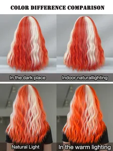 Detailed comparison of orange and white wavy wig colors under various lighting conditions