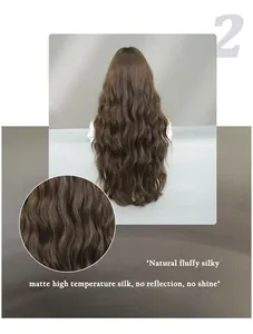 Detailed view of 30-inch long wavy brown wig with matte high-temperature silk texture