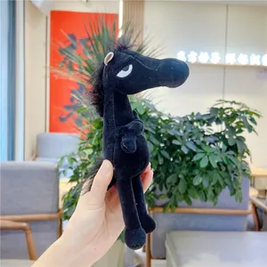 Detailed view of a quirky black plush horse toy with funny expressions and long neck