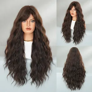 Long wavy dark brown wig with bangs shown in front, side and back views on grey background