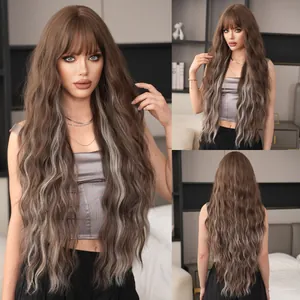 Long Wavy Synthetic Wig With Bangs For Women Heat Resistant Fiber Ombre Highlights Brown Pink Copper Red Long Wavy Hair Wigs