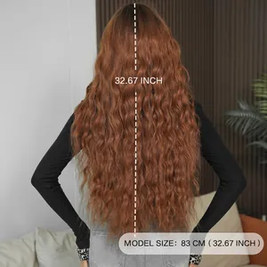 Lange golvende karamel roodbruine pruik voor dames toont 83 cm lengte vanaf de achterkant