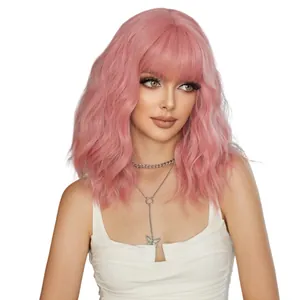 Perruque rose mi-longue ondulée avec frange, cheveux synthétiques de haute qualité pour femmes