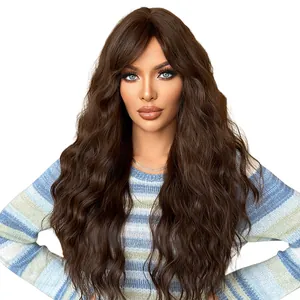 Long wavy dark brown synthetic wig with bangs for women, natural looking loose curls hair