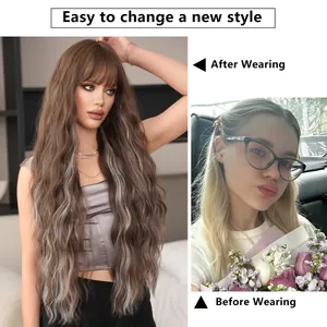 36-inch long wavy synthetic hair wig with bangs in brown and blonde highlights
