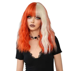 Split orange and white wavy mid-length wig with bangs and punk aesthetic style