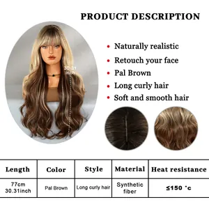 30 inch long wavy synthetic hair wig with bangs in pale brown heat resistant fiber
