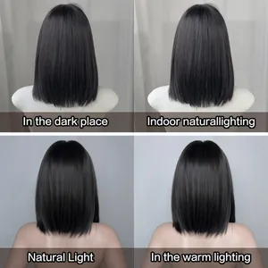 Schwarze kurze Bob-Perücke mit glattem Haar in vier verschiedenen Lichtverhältnissen