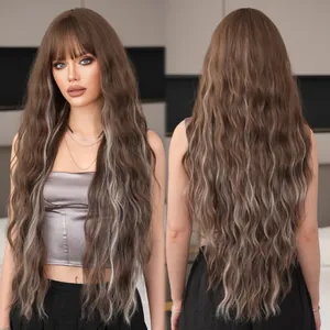 Long wavy brown wig with ash blonde highlights and bangs, high-quality synthetic fiber