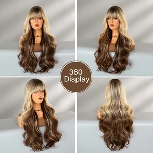 Long wavy synthetic wig with ombre highlights and bangs shown in a 360-degree view
