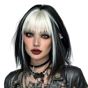Kurze schwarz-weiße Punk-Bob-Perücke mit geradem Pony und Goth-Ästhetik-Look