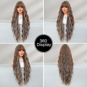 36-inch long wavy brown wig with bangs and highlights shown in 360-degree views