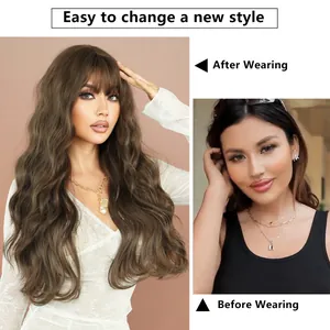 30 inch long wavy dark brown wig with bangs showing natural before and after transformation