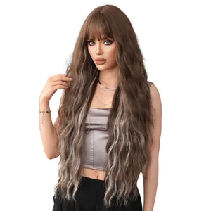 Extra long 36-inch wavy brown wig with blonde highlights and blunt bangs for women