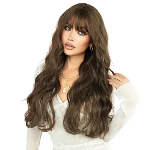 30-inch long wavy brown wig with airy bangs and natural volume for women