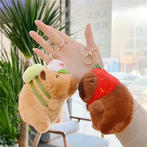 Cute Capybara Plush Keychain With Backpack Strawberry Hat Soft Stuffed Animal Keyring For School Bag Charm Kids Girls Gift