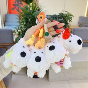 Cute West Highland White Terrier plush keychains with colorful knit beanies and rope loops