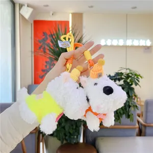 Cute Westie plush keychain in neon yellow vest and orange hat set with braided straps