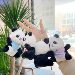 Panda plush keychain set with colorful polka dot scarves and silver metal rings
