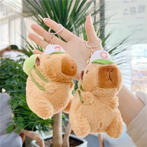 Close-up of cute plush capybara keychains wearing baseball caps and mini backpacks