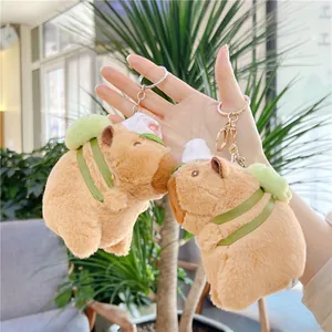 Detail of plush capybara keychains with mini white hats and green backpacks on metal rings