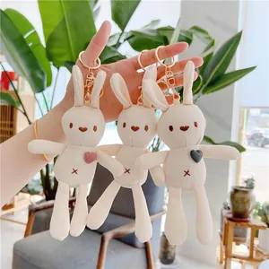 Kawaii Cream White Plush Rabbit Keychain With Heart Embroidery Soft Bunny Stuffed Animal Toy Bag Charm Pendant Gift For Girls