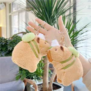 Plush capybara keychain with green backpack and baseball hat, cute stuffed animal charm