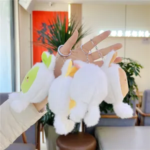 Cute plush rabbit keychains in four colors with soft fur and metal clips for bags