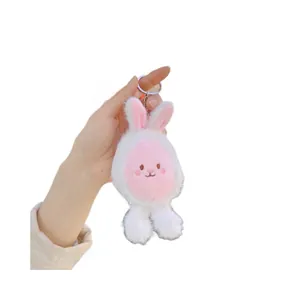 Cute white plush bunny keychain with pink ears and silver metal ring for backpacks