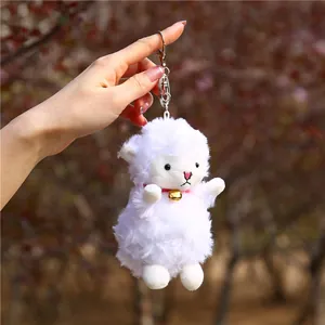 Cute white plush sheep keychain with red ribbon, golden bell and silver metal clasp